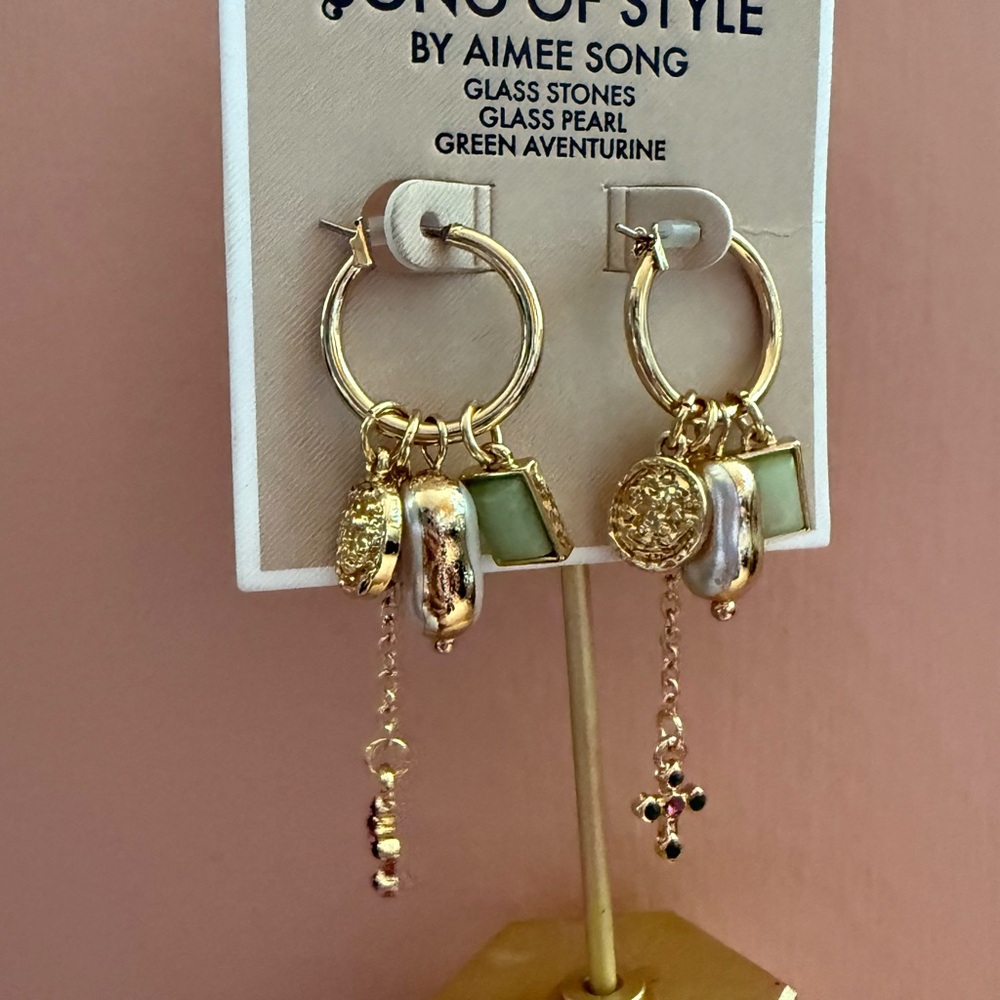 Song of Style Aimee Song Gold Green Hoop Dangle Charm Pearl Aventurine Earrings - Picture 6 of 7